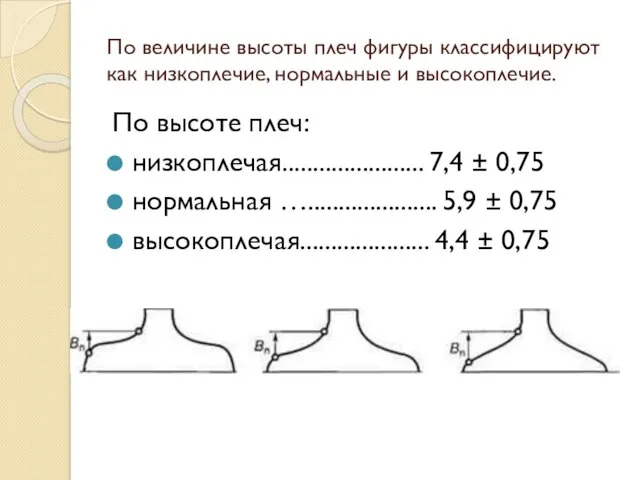 По величине высоты плеч фигуры классифицируют как низкоплечие, нормальные и высокоплечие. По