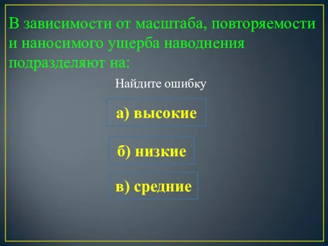 В зависимости от масштаба, повторяемости и наносимого ущерба наводнения подразделяют на: б)