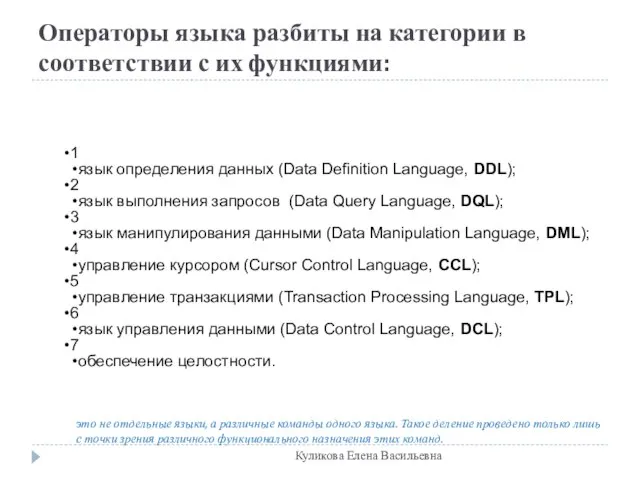 Операторы языка разбиты на категории в соответствии с их функциями: 1 язык