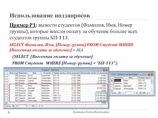 Использование подзапросов Пример P1: вывести студентов (Фамилия, Имя, Номер группы), которые внесли