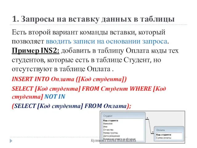 1. Запросы на вставку данных в таблицы Есть второй вариант команды вставки,