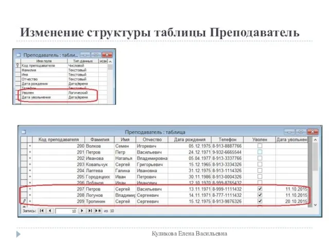 Изменение структуры таблицы Преподаватель Куликова Елена Васильевна