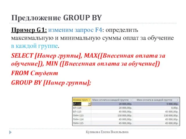 Предложение GROUP BY Пример G1: изменим запрос F4: определить максимальную и минимальную