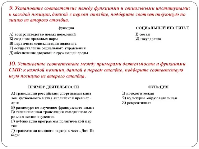 9. Уста­но­ви­те со­от­вет­ствие между функ­ци­я­ми и со­ци­аль­ны­ми ин­сти­ту­та­ми: к каж­дой по­зи­ции, дан­ной