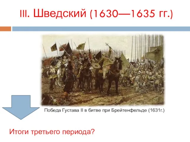 III. Шведский (1630—1635 гг.) Итоги третьего периода? Победа Густава II в битве при Брейтенфельде (1631г.)