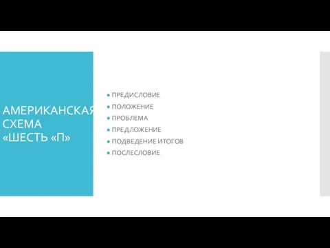 АМЕРИКАНСКАЯ СХЕМА «ШЕСТЬ «П» ПРЕДИСЛОВИЕ ПОЛОЖЕНИЕ ПРОБЛЕМА ПРЕДЛОЖЕНИЕ ПОДВЕДЕНИЕ ИТОГОВ ПОСЛЕСЛОВИЕ