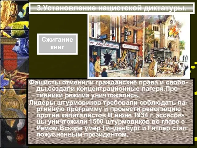 3.Установление нацистской диктатуры. Фашисты отменили гражданские права и свобо-ды,создали концентрационные лагеря.Про-тивники режима