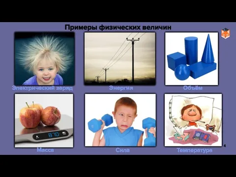 Примеры физических величин Электрический заряд Масса Сила Объём Энергия Температура