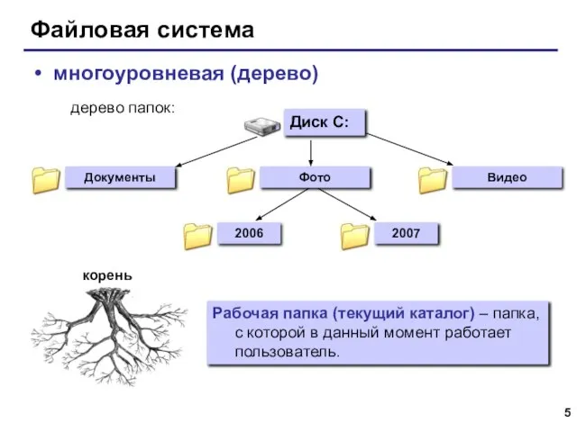 Файловая система многоуровневая (дерево) Рабочая папка (текущий каталог) – папка, с которой