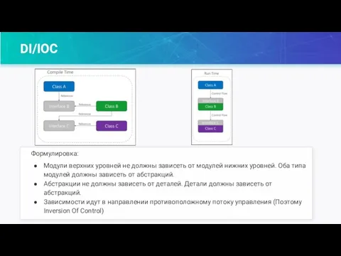 DI/IOC Формулировка: Модули верхних уровней не должны зависеть от модулей нижних уровней.