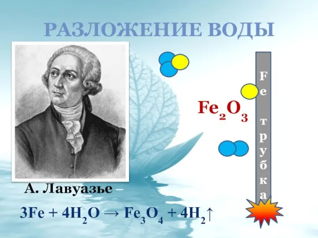 РАЗЛОЖЕНИЕ ВОДЫ А. Лавуазье Fe трубка Fe2O3 3Fe + 4H2O → Fe3O4 + 4H2↑