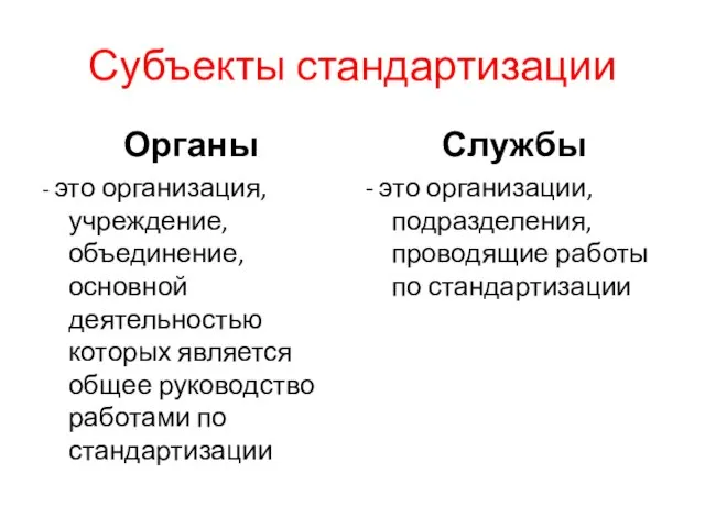 Субъекты стандартизации Органы - это организация, учреждение, объединение, основной деятельностью которых является