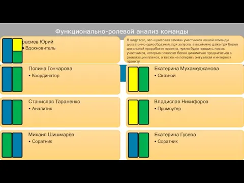 Функционально-ролевой анализ команды Красиев Юрий ● Вдохновитель В виду того, что «цветовая