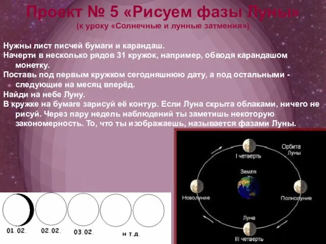 Проект № 5 «Рисуем фазы Луны» (к уроку «Солнечные и лунные затмения»)