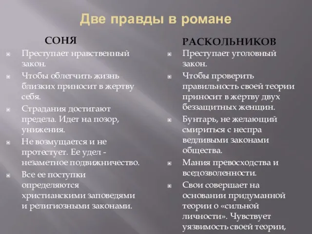 Две правды в романе СОНЯ Преступает нравственный закон. Чтобы облегчить жизнь близких