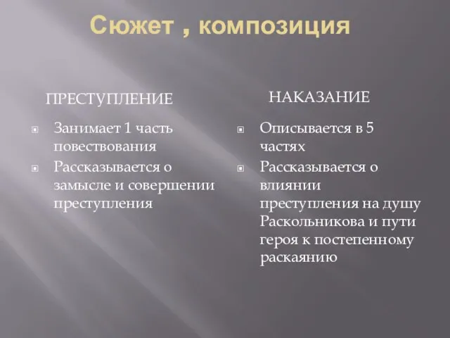 Сюжет , композиция ПРЕСТУПЛЕНИЕ НАКАЗАНИЕ Занимает 1 часть повествования Рассказывается о замысле