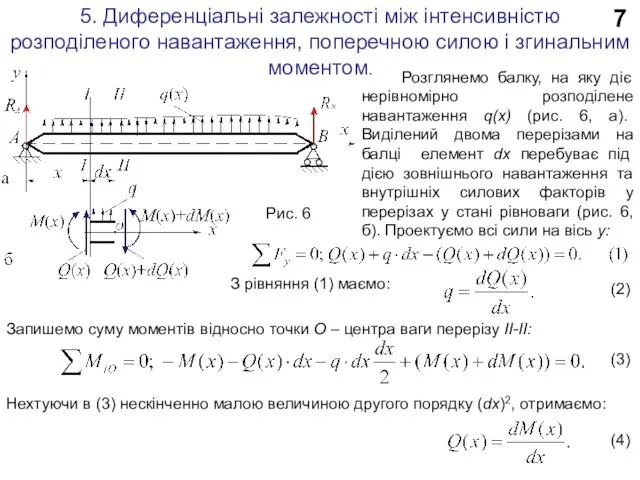 7 5. Диференціальні залежності між інтенсивністю розподіленого навантаження, поперечною силою і згинальним