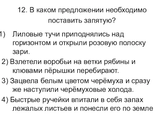 12. В каком предложении необходимо поставить запятую? Лиловые тучи приподнялись над горизонтом