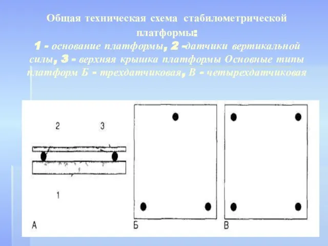 Общая техническая схема стабилометрической платформы: 1 - основание платформы, 2 -датчики вертикальной