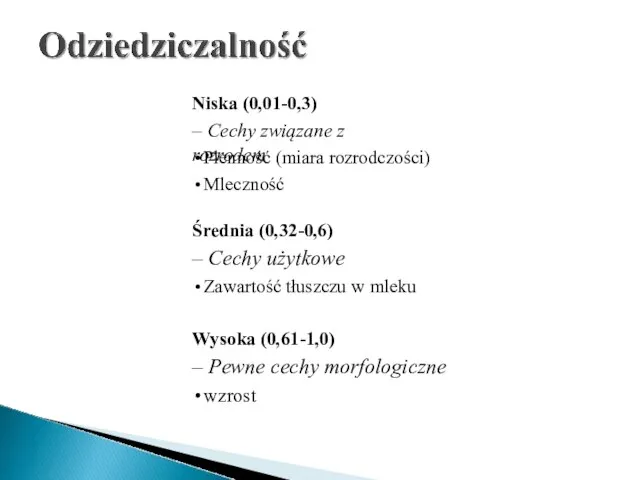 Niska (0,01-0,3) – Cechy związane z rozrodem Plenność (miara rozrodczości) Mleczność Średnia