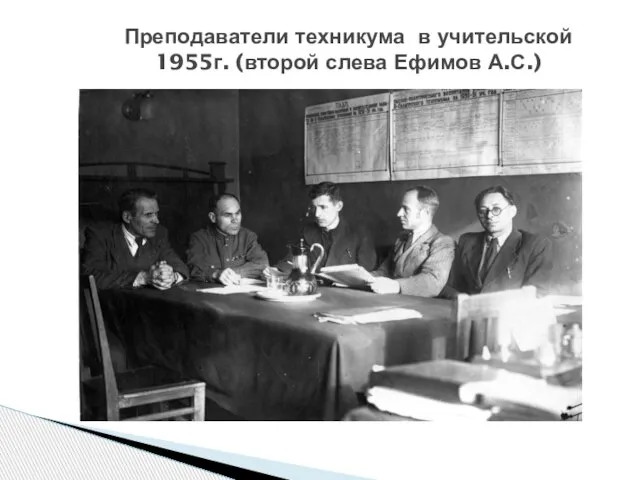 Преподаватели техникума в учительской 1955г. (второй слева Ефимов А.С.)