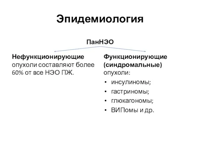 Эпидемиология ПанНЭО Нефункционирующие опухоли составляют более 60% от все НЭО ПЖ. Функционирующие