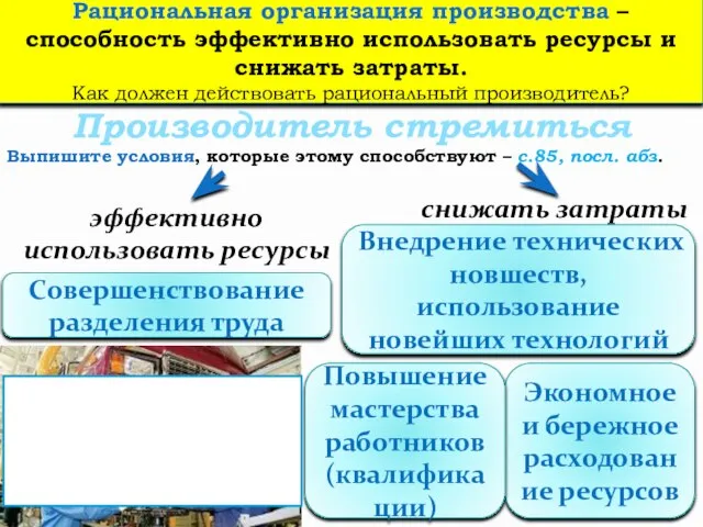 Производитель стремиться эффективно использовать ресурсы снижать затраты Экономное и бережное расходование ресурсов