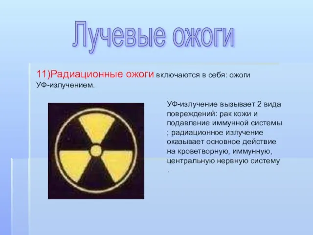 Лучевые ожоги 11)Радиационные ожоги включаются в себя: ожоги УФ-излучением. УФ-излучение вызывает 2