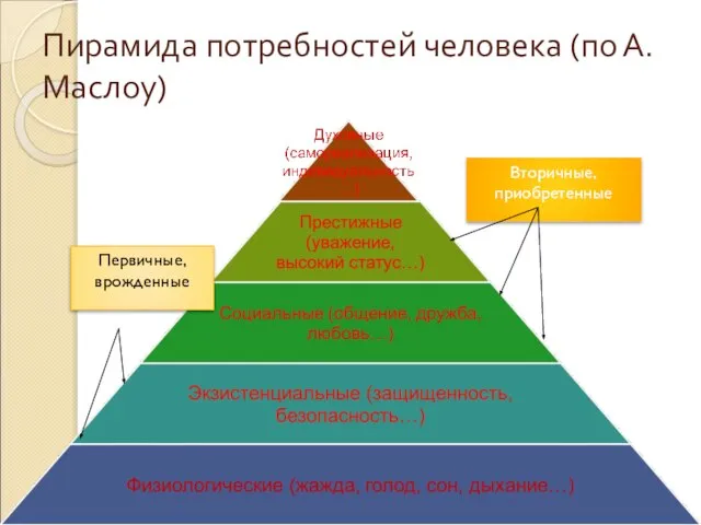 Пирамида потребностей человека (по А. Маслоу) Первичные, врожденные Вторичные, приобретенные