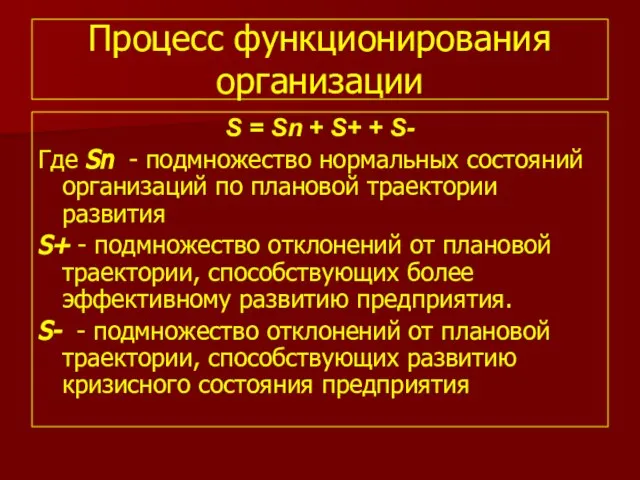 Процесс функционирования организации S = Sn + S+ + S- Где Sn