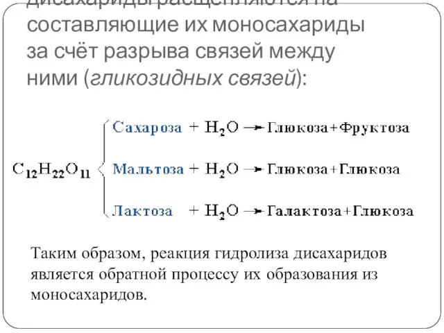 При гидролизе различные дисахариды расщепляются на составляющие их моносахариды за счёт разрыва