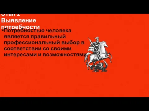 Этап 2 Выявление потребности Потребностью человека является правильный профессиональный выбор в соответствии