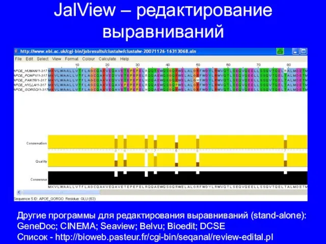 JalView – редактирование выравниваний Другие программы для редактирования выравниваний (stand-alone): GeneDoc; CINEMA;