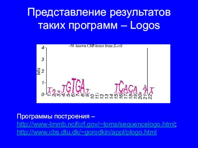 Представление результатов таких программ – Logos Программы построения – http://www-lmmb.ncifcrf.gov/~toms/sequencelogo.html; http://www.cbs.dtu.dk/~gorodkin/appl/plogo.html