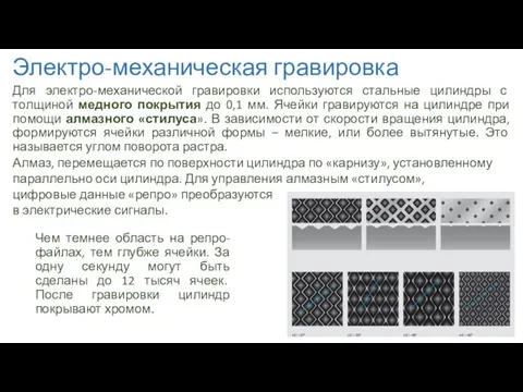 Электро-механическая гравировка Для электро-механической гравировки используются стальные цилиндры с толщиной медного покрытия