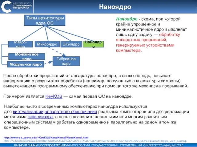 Наноядро Наноядро - схема, при которой крайне упрощённое и минималистичное ядро выполняет