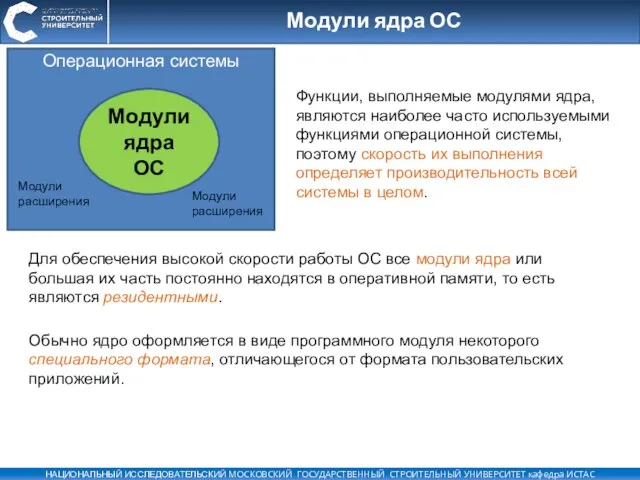 Модули ядра ОС Функции, выполняемые модулями ядра, являются наиболее часто используемыми функциями