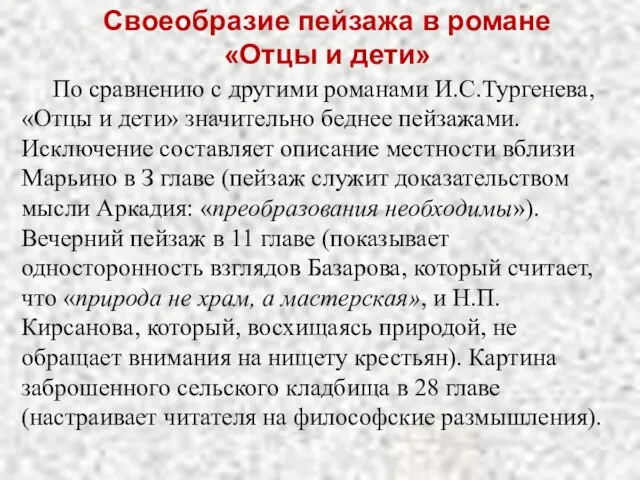 По сравнению с другими романами И.С.Тургенева, «Отцы и дети» значительно беднее пейзажами.