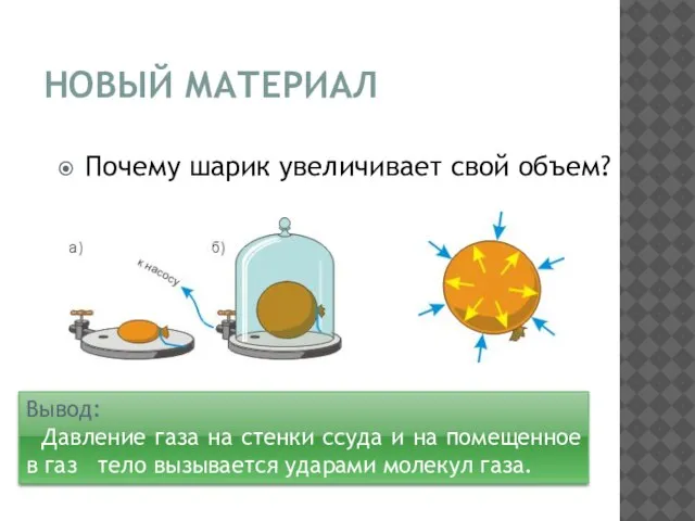 НОВЫЙ МАТЕРИАЛ Почему шарик увеличивает свой объем? Вывод: Давление газа на стенки