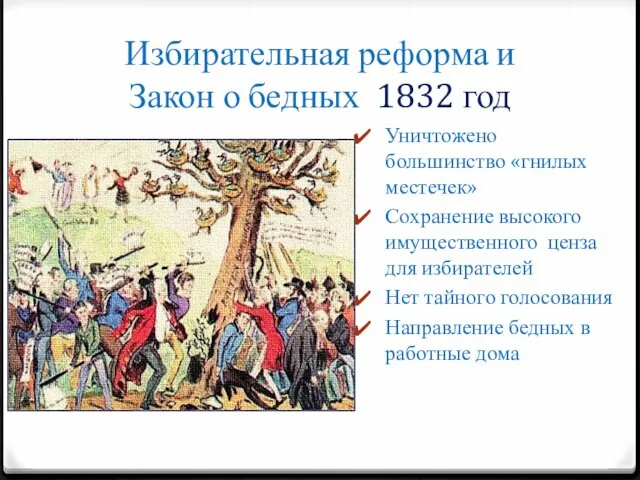 Избирательная реформа и Закон о бедных 1832 год Уничтожено большинство «гнилых местечек»