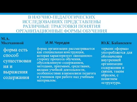 В НАУЧНО-ПЕДАГОГИЧЕСКИХ ИССЛЕДОВАНИЯХ ПРЕДСТАВЛЕНЫ РАЗЛИЧНЫЕ ТРАКТОВКИ ПОНЯТИЯ ОРГАНИЗАЦИОННЫЕ ФОРМЫ ОБУЧЕНИЯ М.А. Молчановой