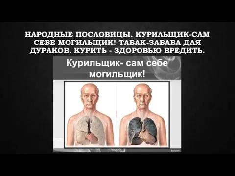 НАРОДНЫЕ ПОСЛОВИЦЫ. КУРИЛЬЩИК-САМ СЕБЕ МОГИЛЬЩИК! ТАБАК-ЗАБАВА ДЛЯ ДУРАКОВ. КУРИТЬ - ЗДОРОВЬЮ ВРЕДИТЬ.