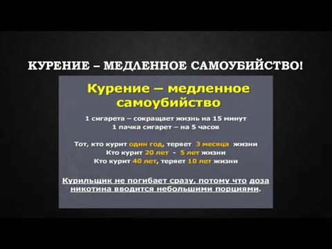 КУРЕНИЕ – МЕДЛЕННОЕ САМОУБИЙСТВО!