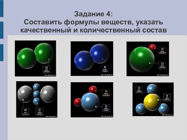 Задание 4: Составить формулы веществ, указать качественный и количественный состав