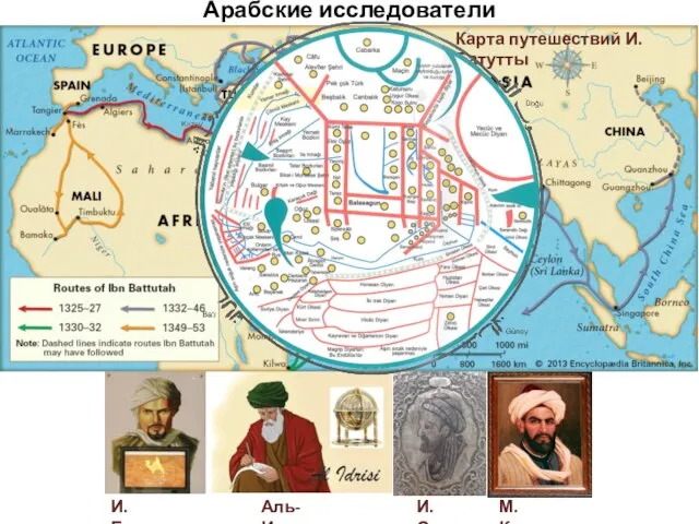 Арабские исследователи Карта путешествий И. Батутты И. Батутта Аль-Идриси И. Сина М. Кашгари