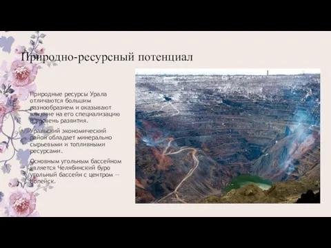 Природно-ресурсный потенциал Природные ресурсы Урала отличаются большим разнообразием и оказывают влияние на