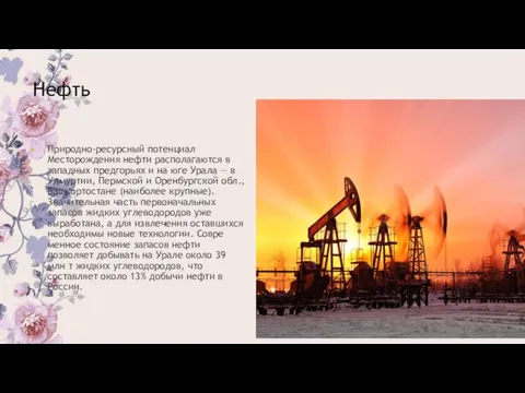 Нефть Природно-ресурсный потенциал Месторождения нефти располагаются в западных предгорь­ях и на юге