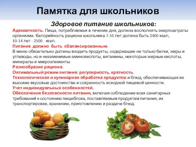 Памятка для школьников Здоровое питание школьников: Адекватность. Пища, потребляемая в течение дня,