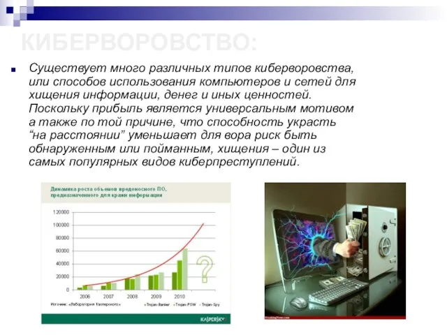 КИБЕРВОРОВСТВО: Существует много различных типов киберворовства, или способов использования компьютеров и сетей