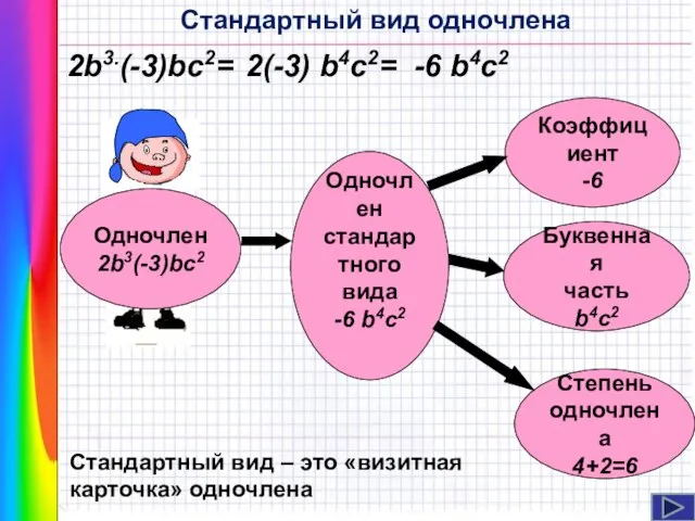 Стандартный вид одночлена 2b3.(-3)bc2= 2(-3) b4c2= -6 b4c2 Одночлен стандартного вида -6